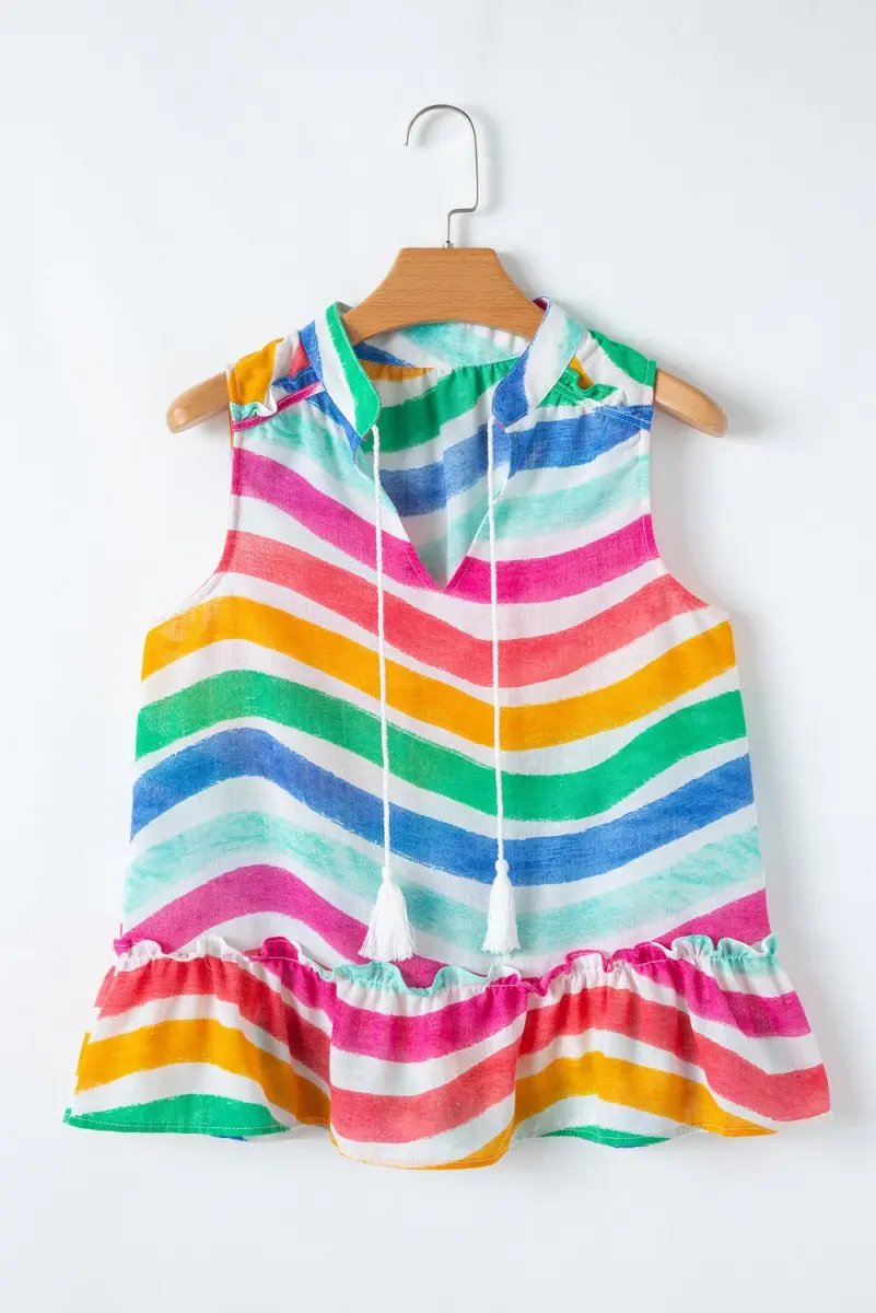 Rose Red Rainbow Stripes Ruffled Hem Drawstring V Neck Tank Top - Love Salve